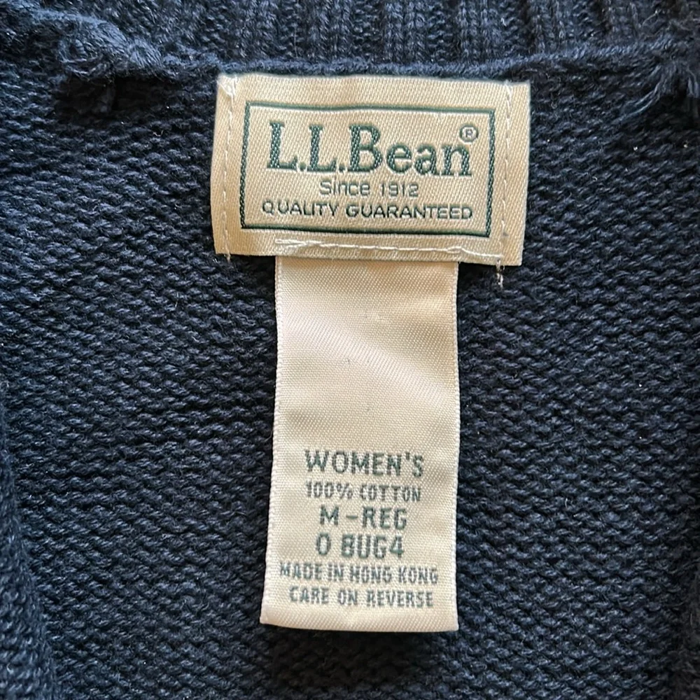 LL Bean Navy Blue Chunky Cable Knit Cardigan zipper Sweater 100% Cotton Size M - Picture 3 of 10